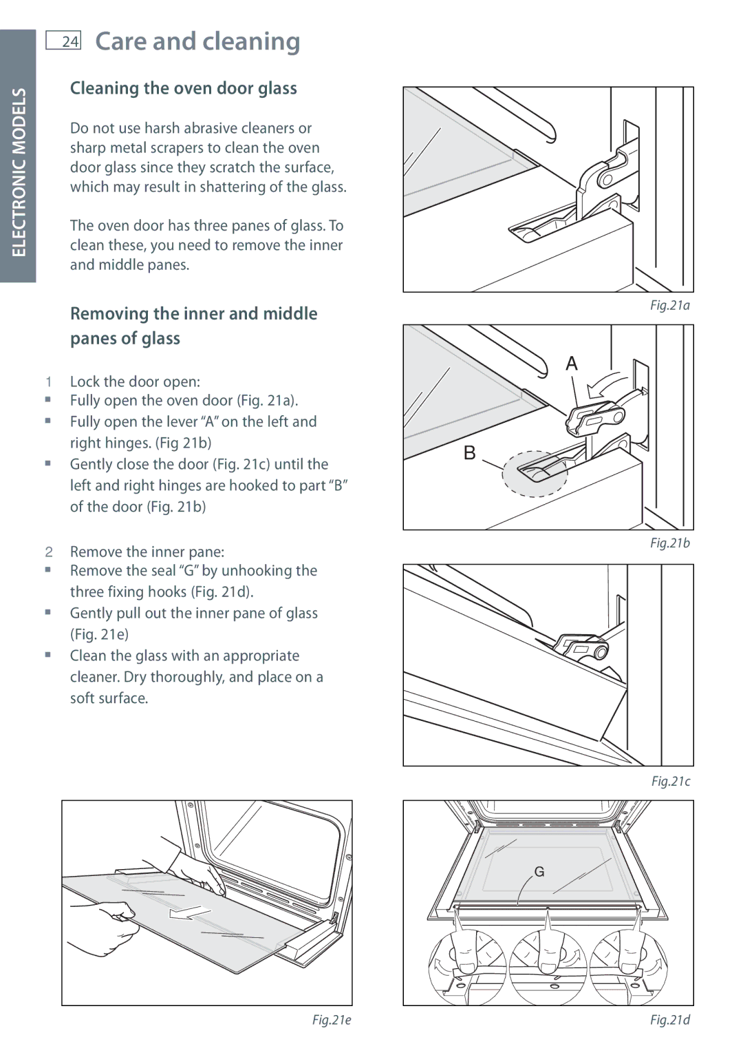 Fisher & Paykel OB60 installation instructions Cleaning the oven door glass, Removing the inner and middle panes of glass 