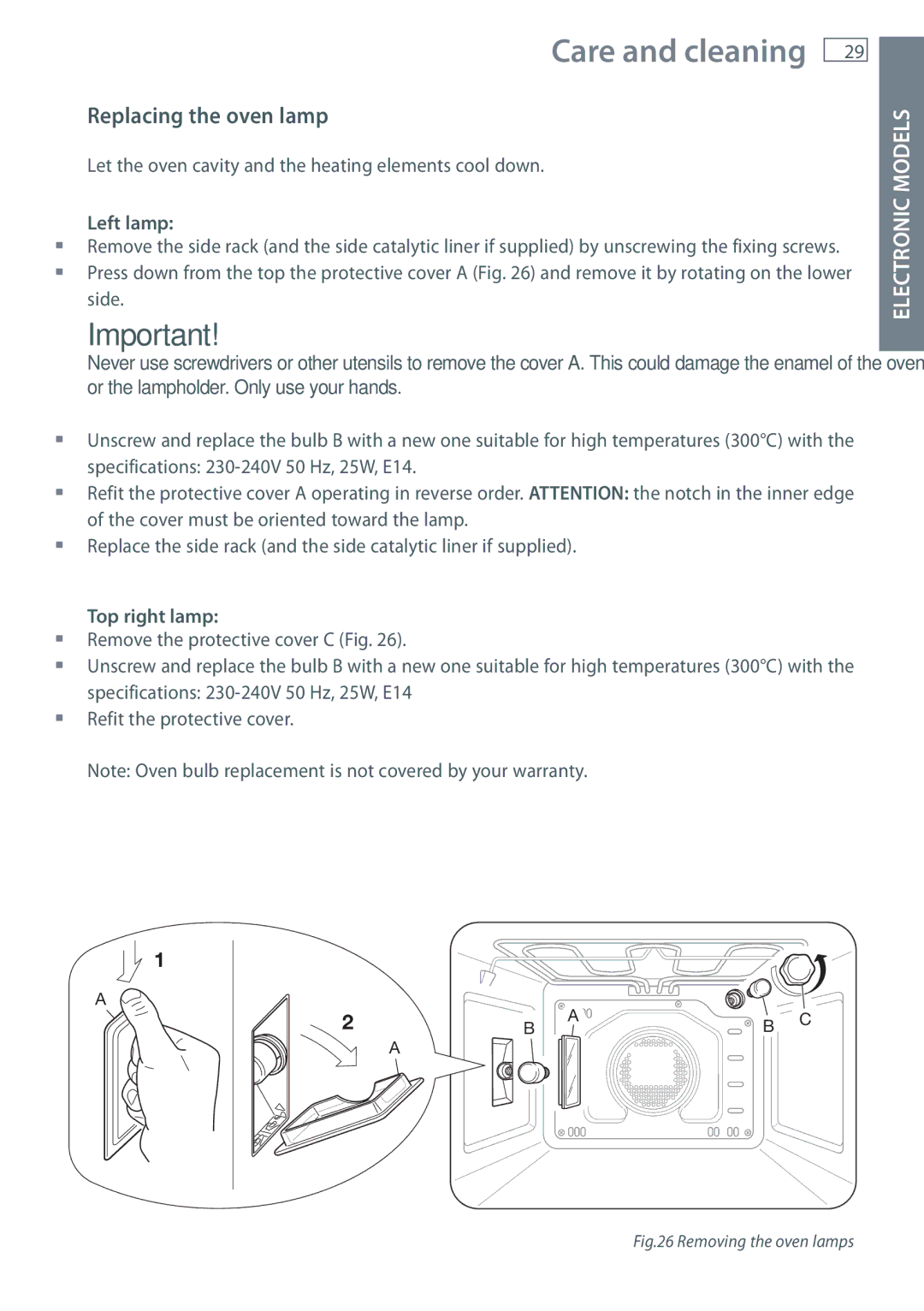 Fisher & Paykel OB60 installation instructions Replacing the oven lamp, Left lamp, Top right lamp 