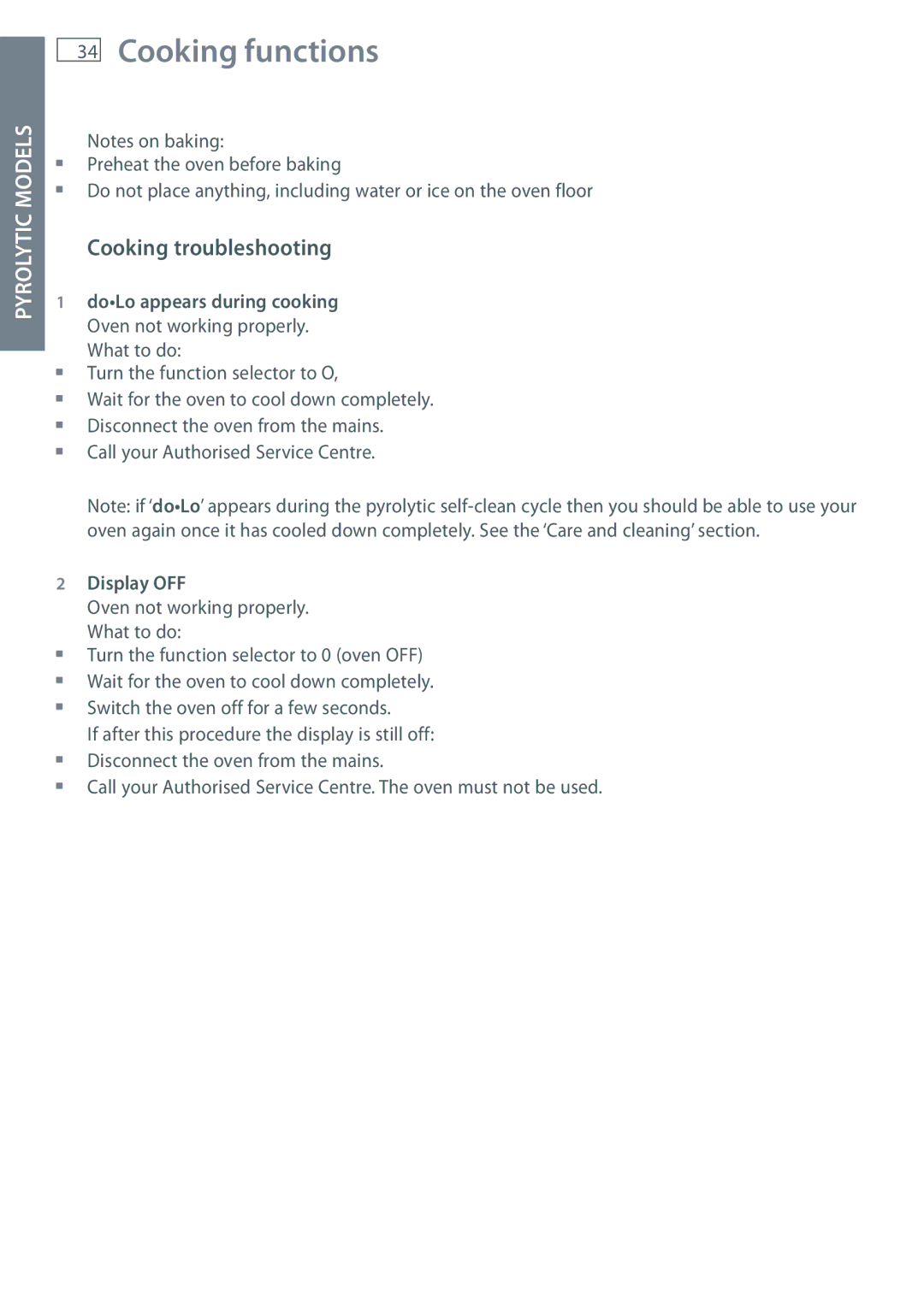 Fisher & Paykel OB60 installation instructions Cooking troubleshooting, Display OFF 