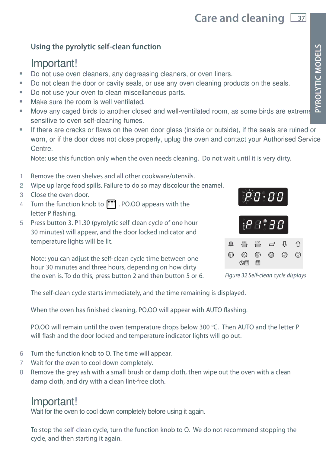 Fisher & Paykel OB60 installation instructions Using the pyrolytic self-clean function, Self-clean cycle displays 