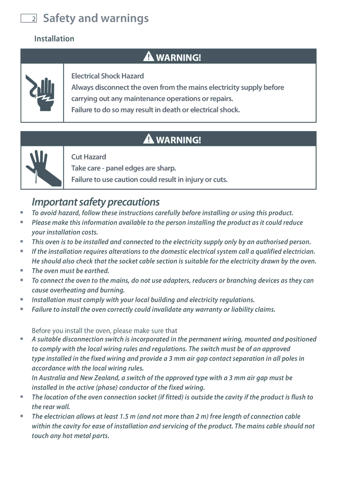 Fisher & Paykel OB60 installation instructions Safety and warnings, Installation 