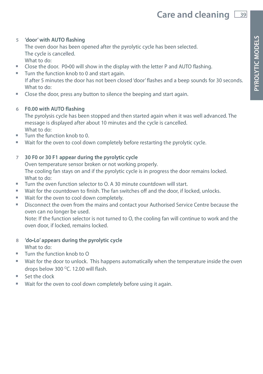 Fisher & Paykel OB60 ‘door’ with Auto flashing, F0.00 with Auto flashing, 30 F0 or 30 F1 appear during the pyrolytic cycle 