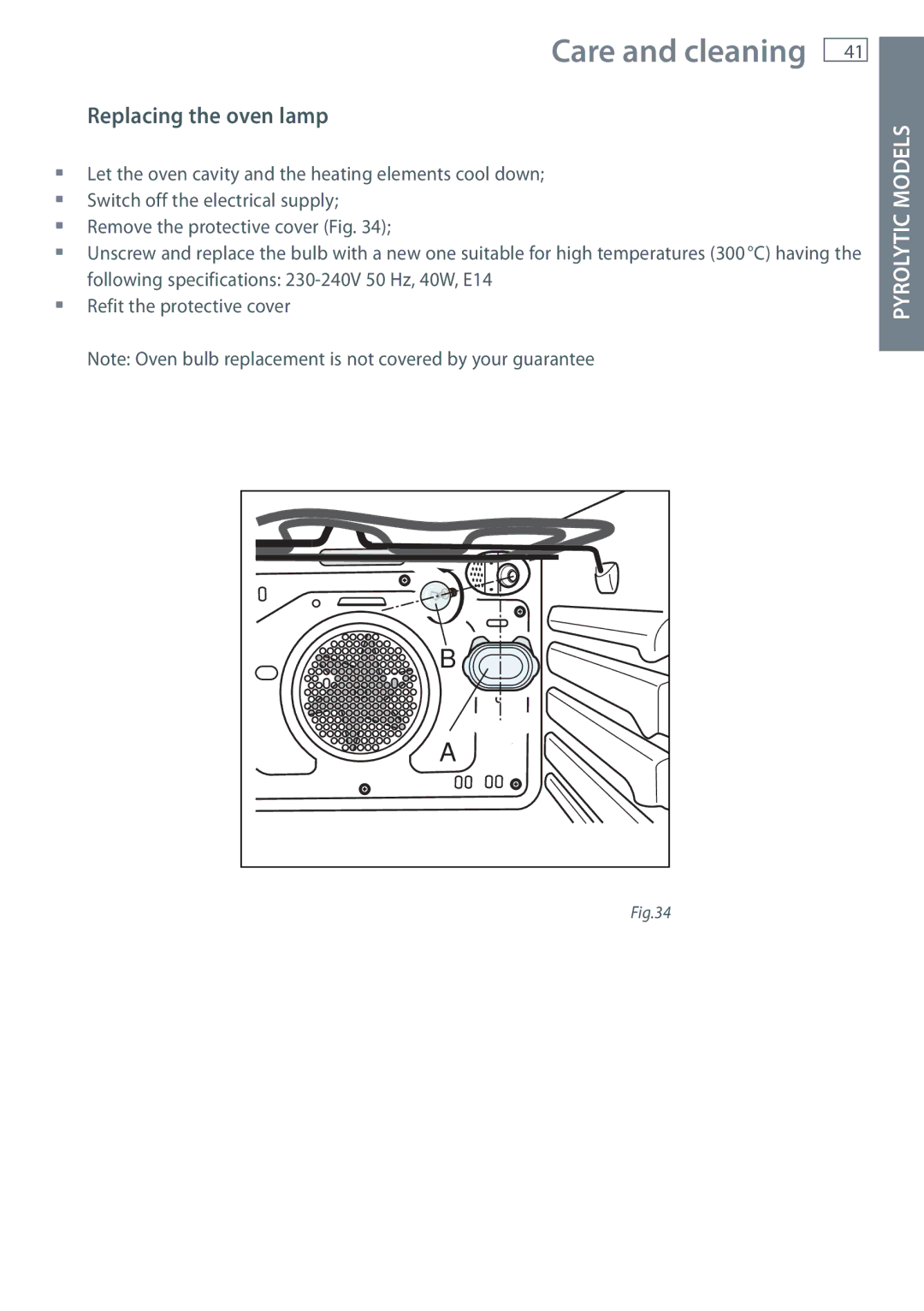 Fisher & Paykel OB60 installation instructions Replacing the oven lamp 