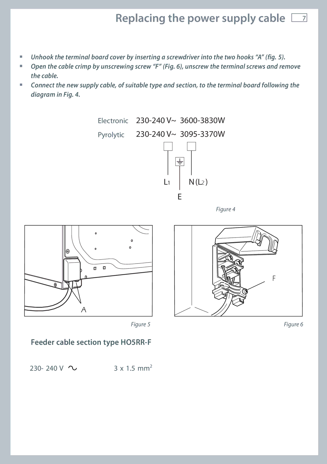 Fisher & Paykel OB60 installation instructions Replacing the power supply cable, Feeder cable section type HO5RR-F 