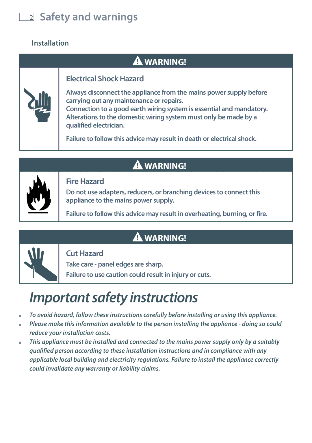 Fisher & Paykel OB60 installation instructions Safety and warnings, Installation 