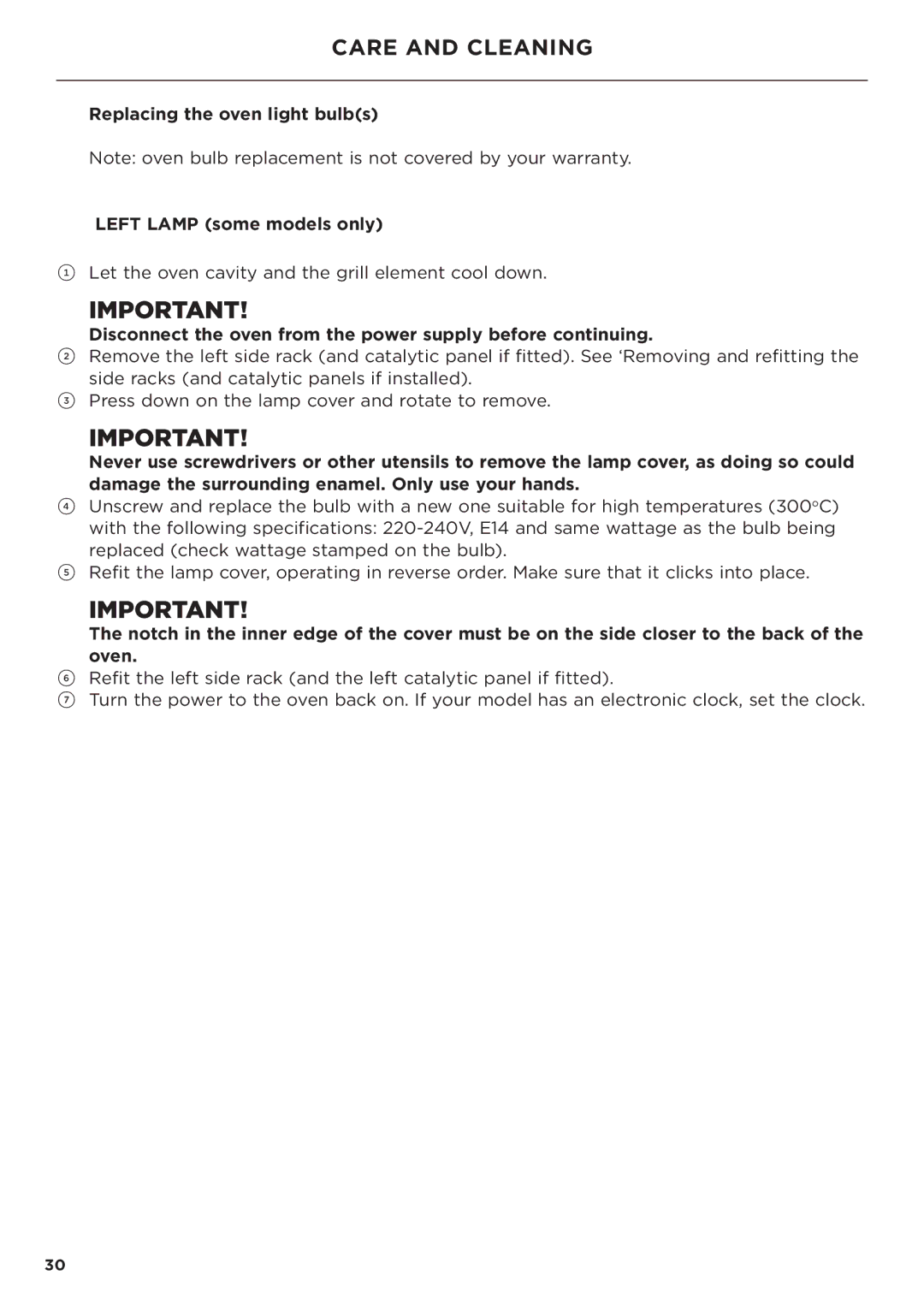 Fisher & Paykel OB60 manual Replacing the oven light bulbs Left Lamp some models only 