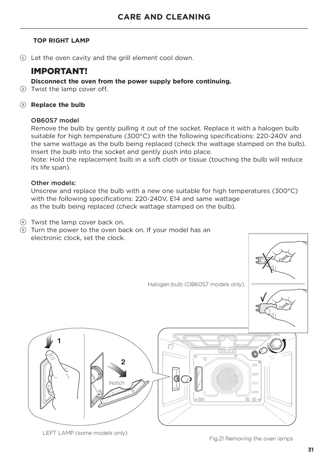 Fisher & Paykel OB60 manual TOP Right Lamp, Replace the bulb 