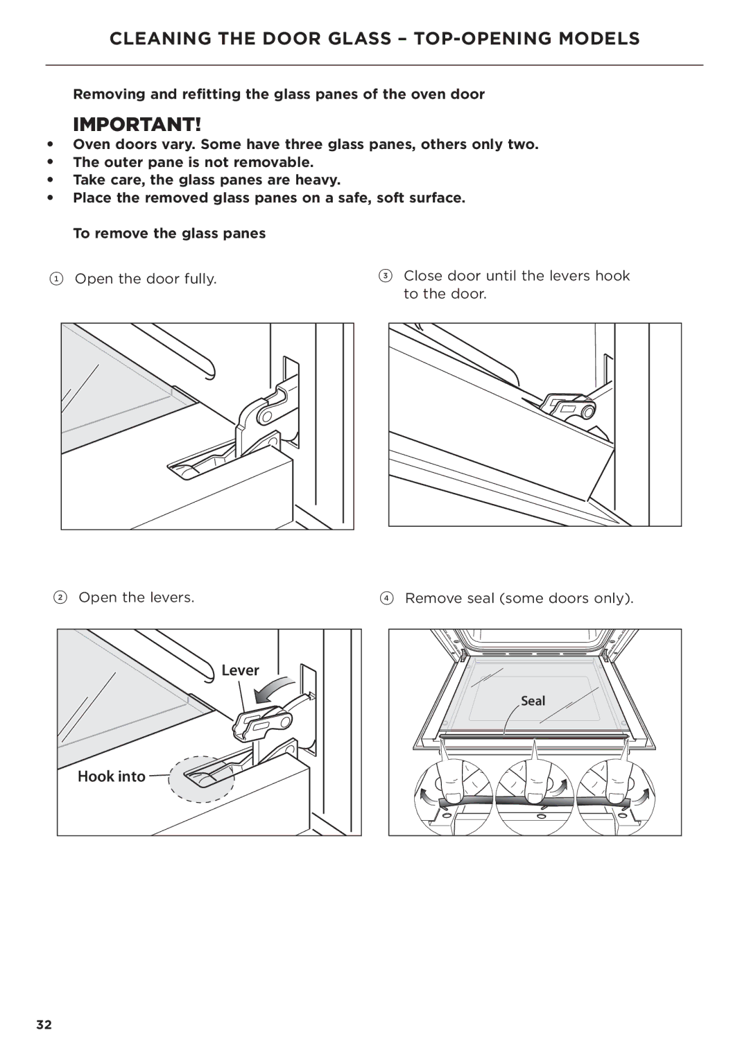 Fisher & Paykel OB60 manual Cleaning the Door Glass TOP-OPENING Models, Open the levers 