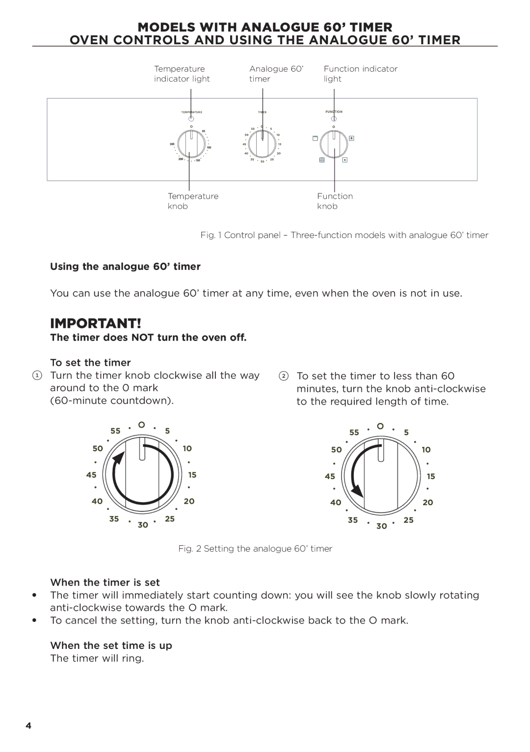 Fisher & Paykel OB60 manual Using the analogue 60’ timer, Timer does not turn the oven off 