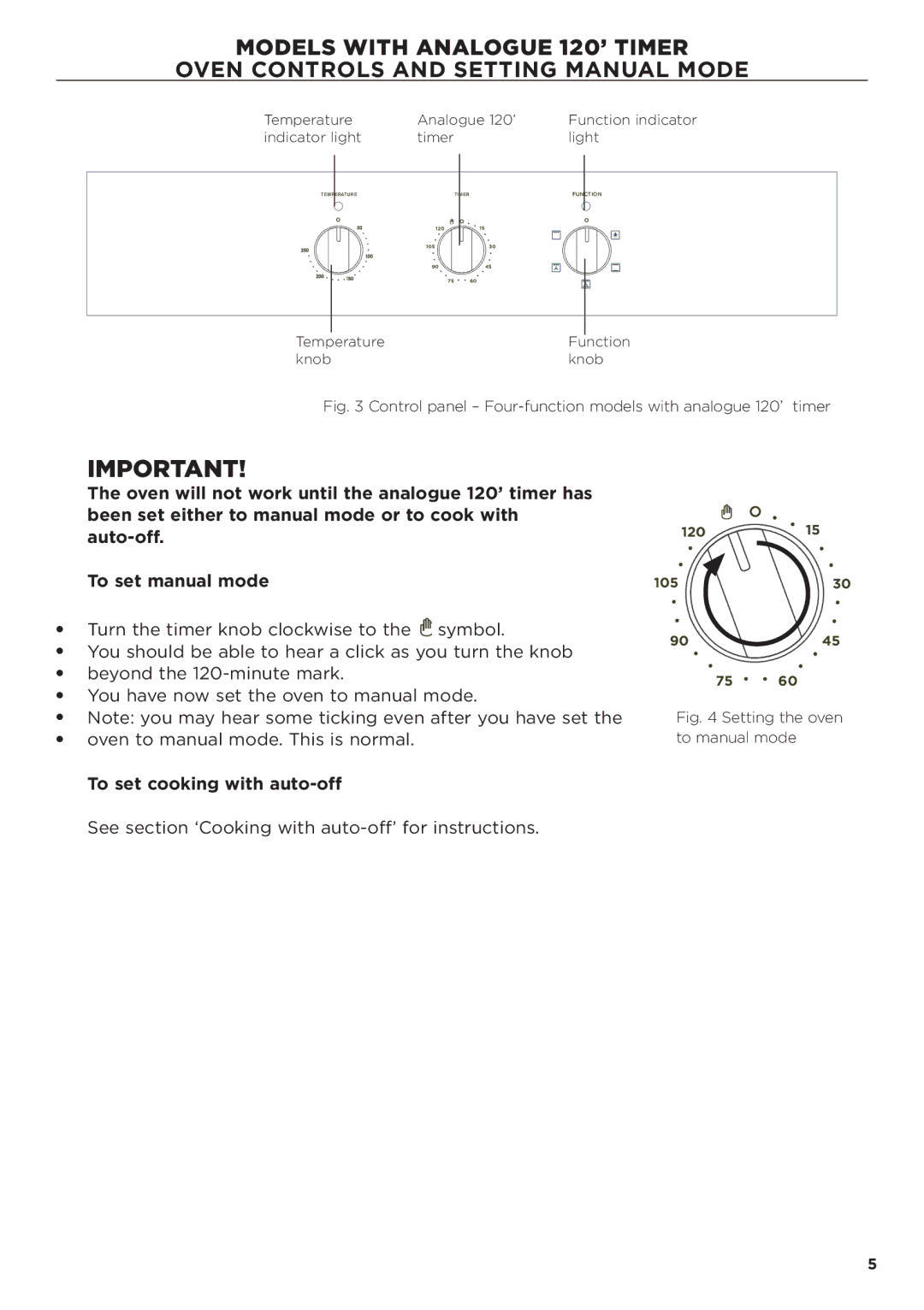 Fisher & Paykel OB60 manual To set cooking with auto-off, Control panel Four-function models with analogue 120’ timer 