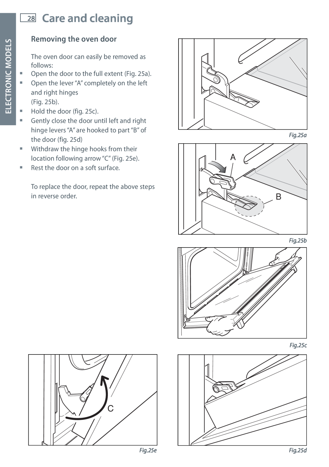 Fisher & Paykel OB60 installation instructions Care and cleaning, Removing the oven door, Electronic Models 