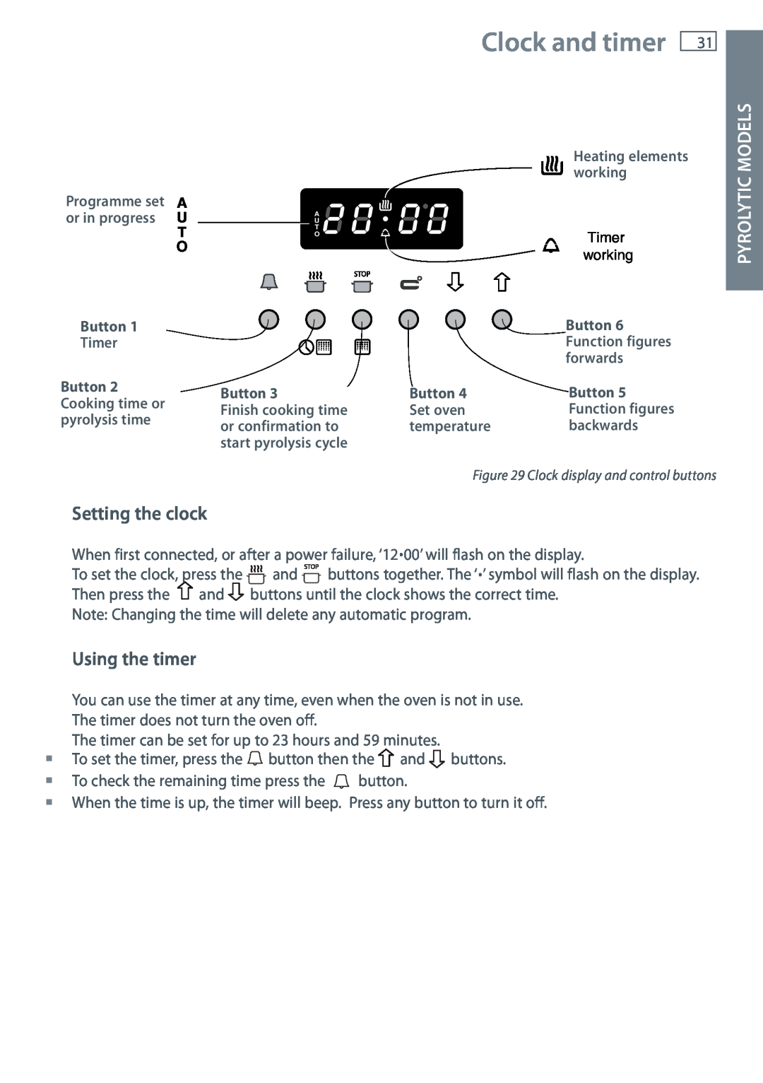 Fisher & Paykel OB60 installation instructions Clock and timer, Setting the clock, Using the timer, Pyrolytic Models 