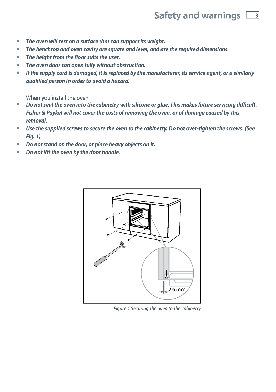 Fisher & Paykel OB60 Safety and warnings, The oven will rest on a surface that can support its weight 