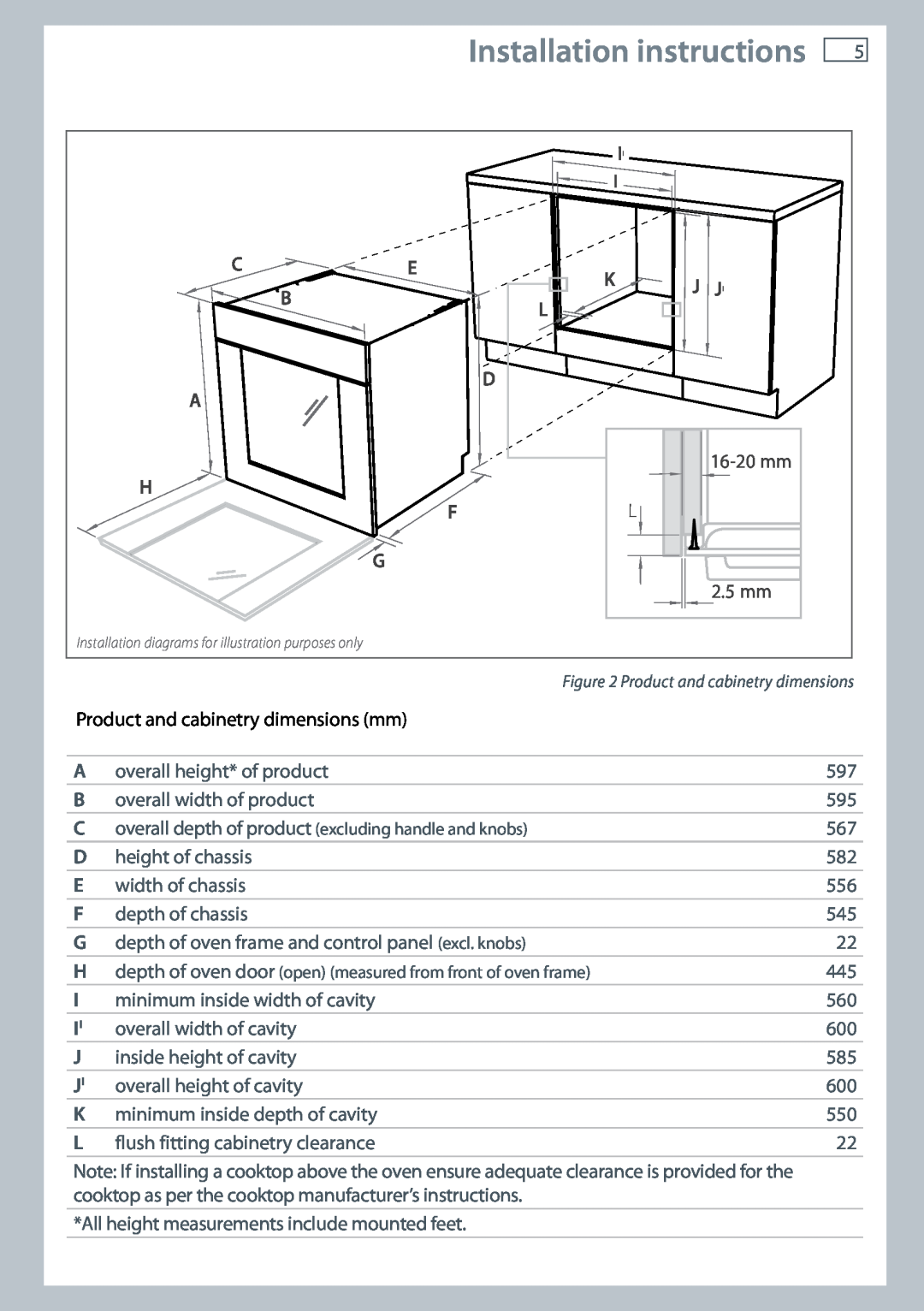Fisher & Paykel OB60 installation instructions Installation instructions, H Fl G, 16-20 mm 2.5 mm 