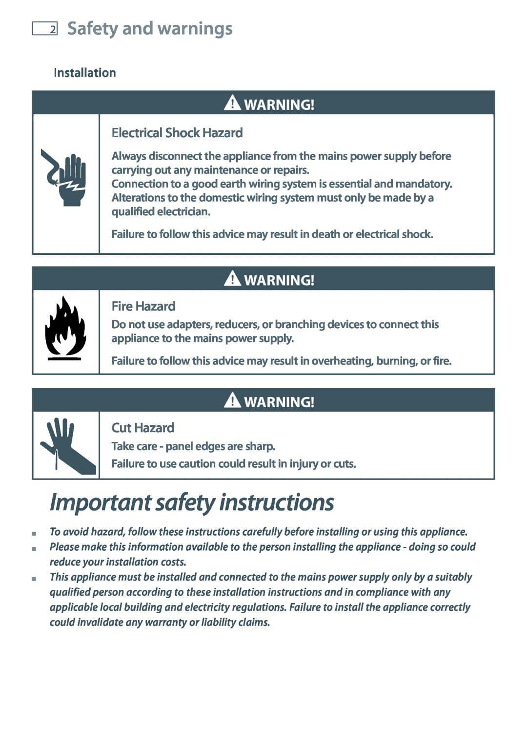 Fisher & Paykel OB60 Important safety instructions, Safety and warnings, Electrical Shock Hazard, Fire Hazard, Cut Hazard 