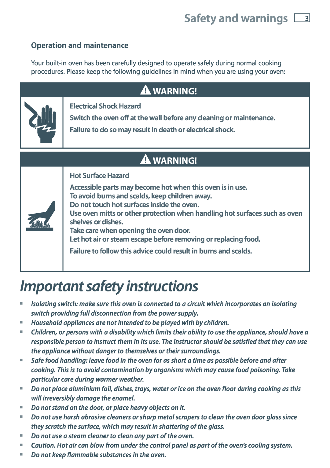 Fisher & Paykel OB60 Important safety instructions, Safety and warnings, Operation and maintenance 