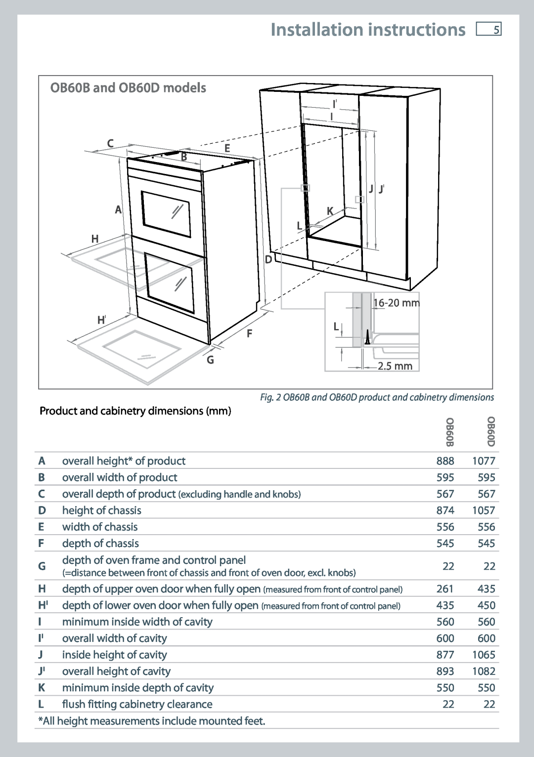 Fisher & Paykel Installation instructions, OB60B and OB60D models, Ii I C E B J Ji A K L H D, 16-20 mm 