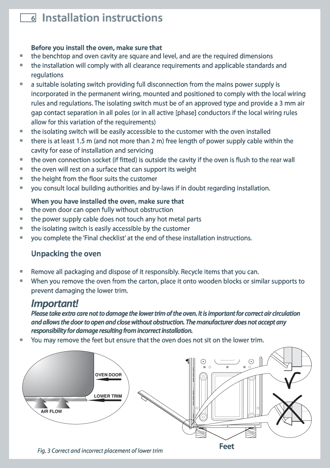 Fisher & Paykel OB60 Installation instructions, Unpacking the oven, Feet, Before you install the oven, make sure that 