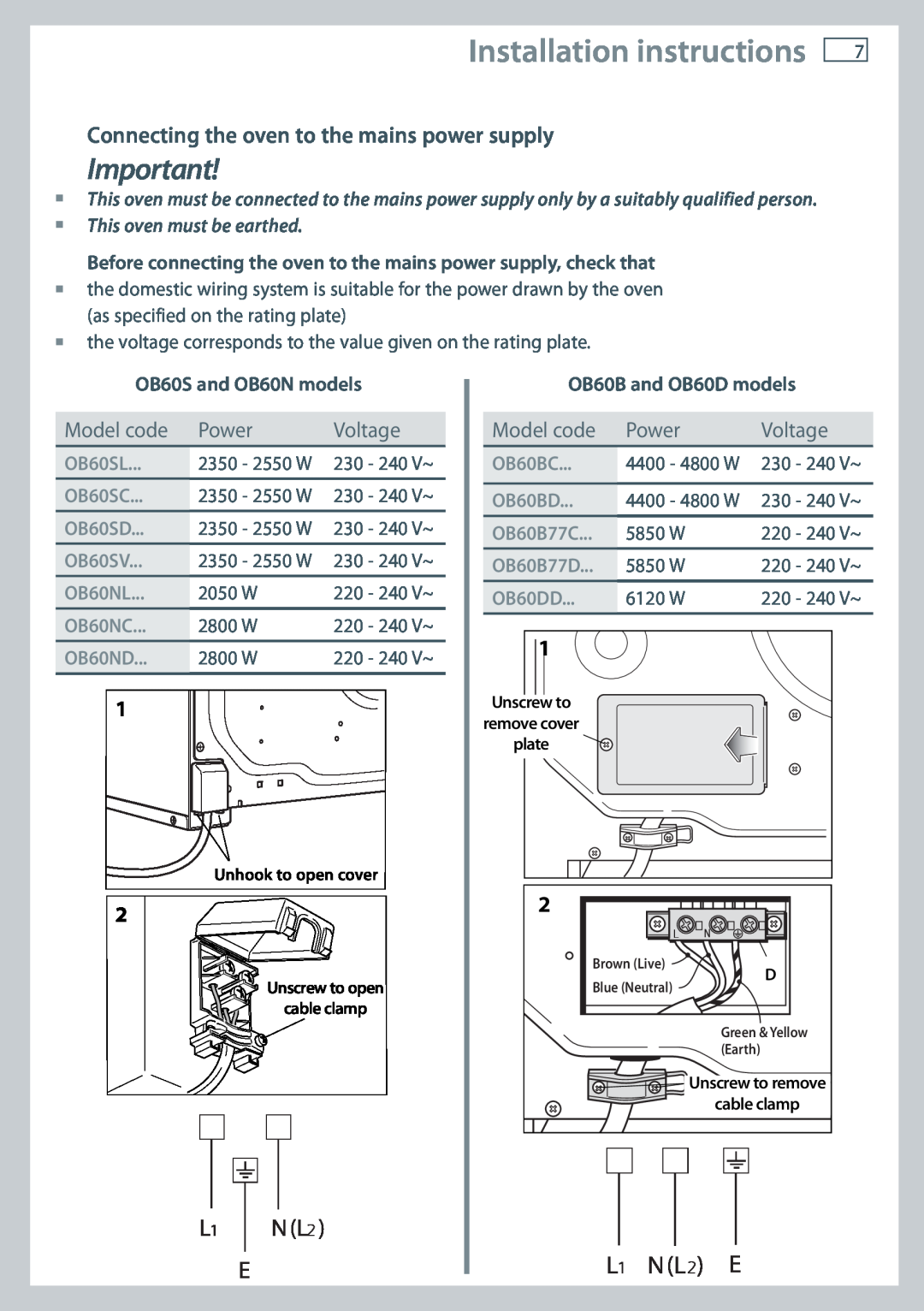 Fisher & Paykel OB60 Installation instructions, L1 N L2 E, Connecting the oven to the mains power supply, Model code 