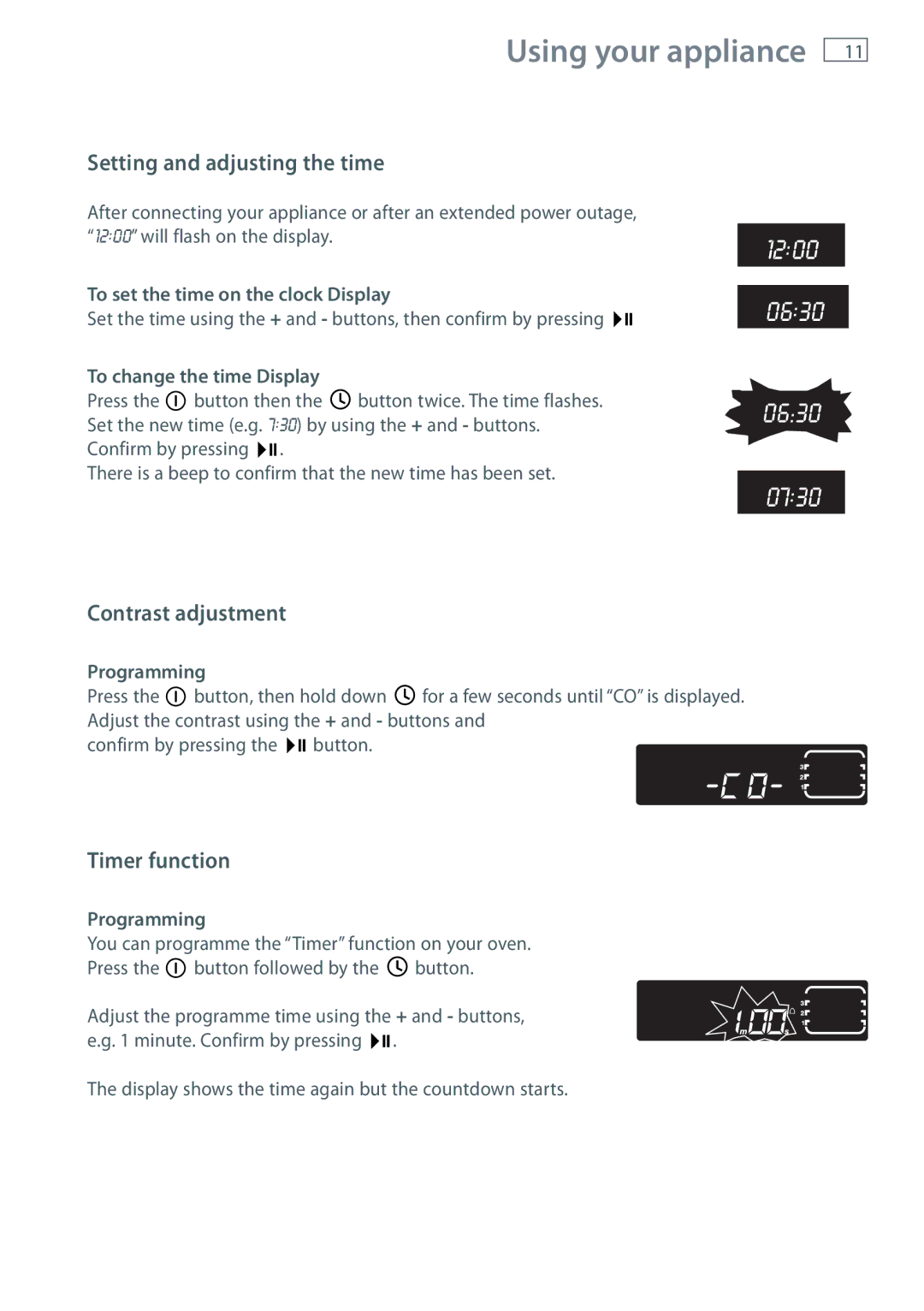 Fisher & Paykel OB60N8DTX Using your appliance, Setting and adjusting the time, Contrast adjustment, Timer function 