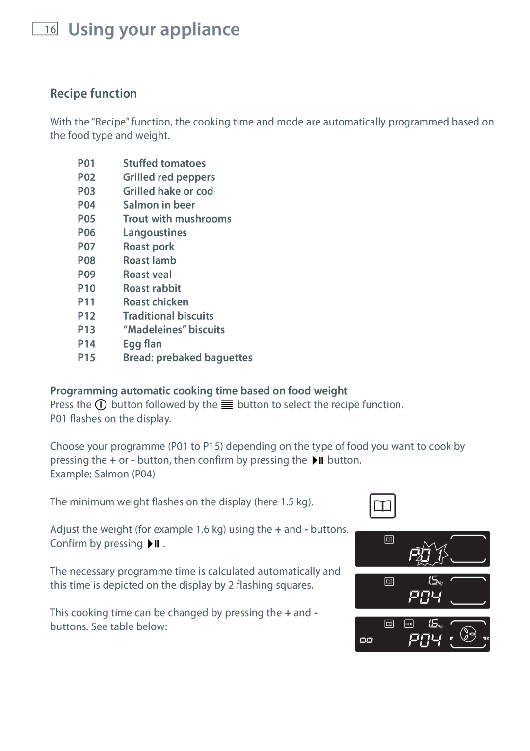 Fisher & Paykel OB60N8DTX Recipe function, Programming automatic cooking time based on food weight 