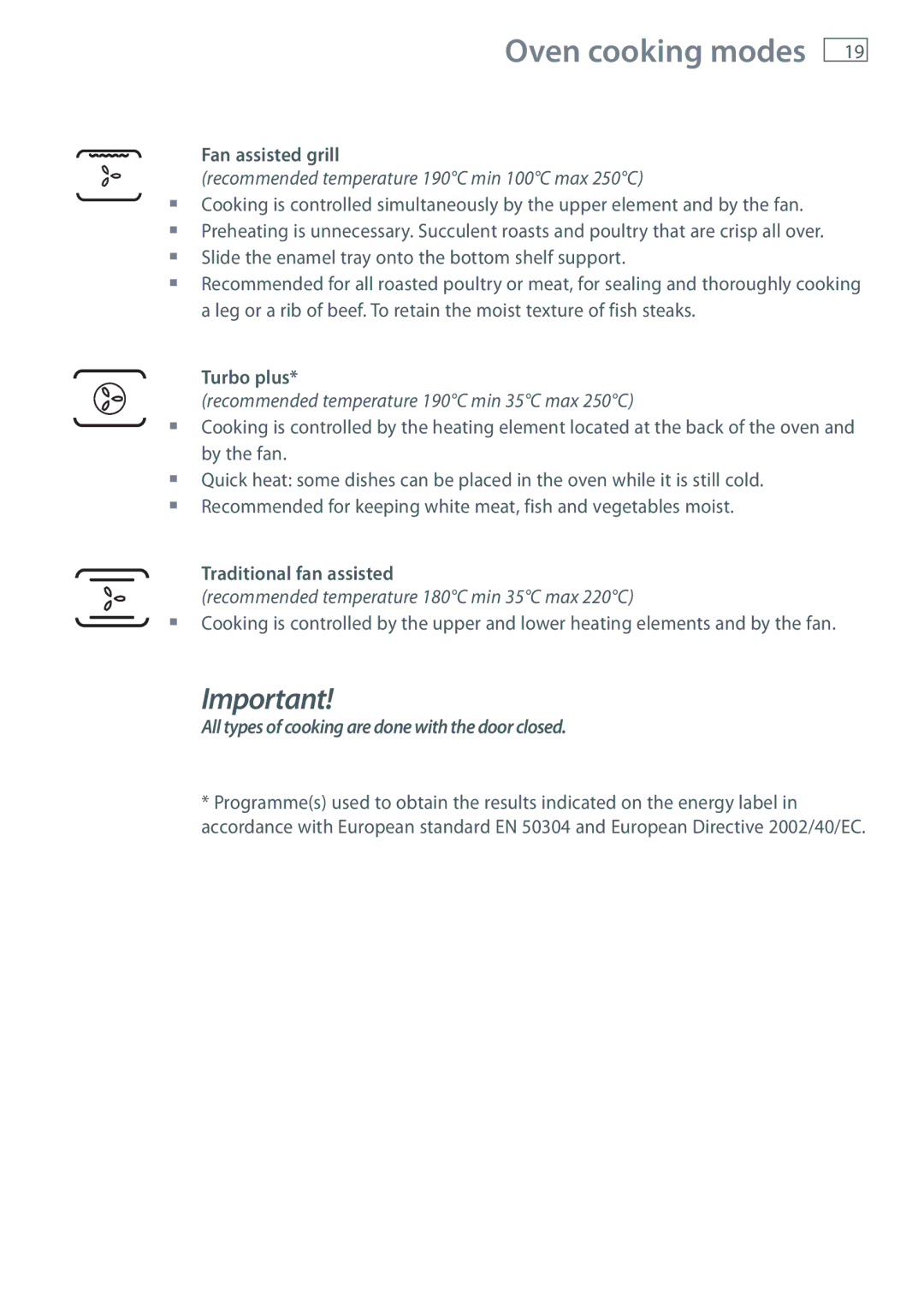 Fisher & Paykel OB60N8DTX installation instructions Fan assisted grill, Turbo plus, Traditional fan assisted 