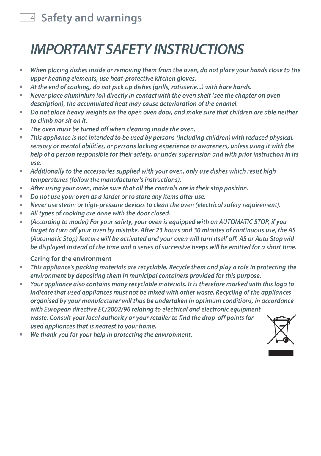 Fisher & Paykel OB60N8DTX installation instructions Important Safety Instructions, Caring for the environment 