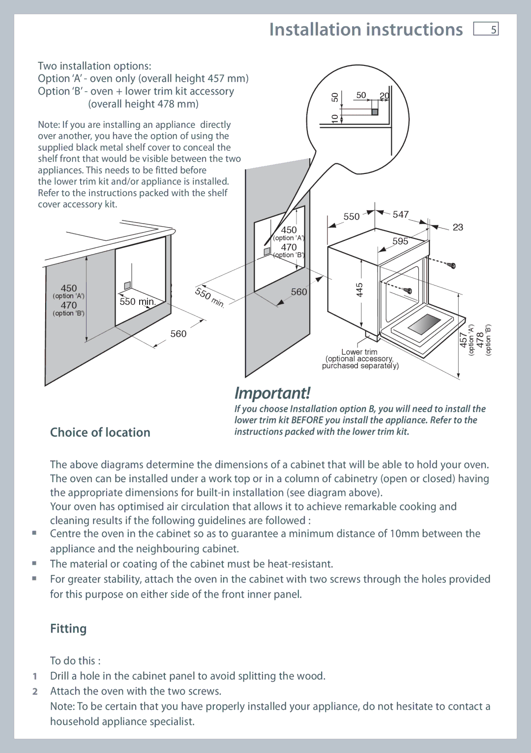 Fisher & Paykel OB60N8DTX installation instructions Choice of location, Fitting 