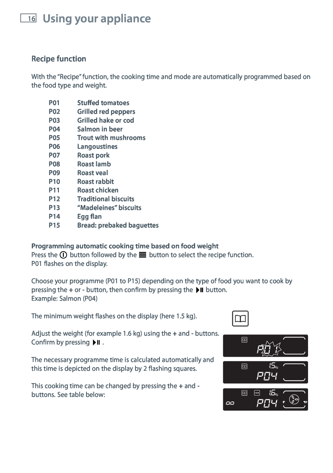 Fisher & Paykel OB60N8DTX installation instructions Using your appliance, Recipe function 