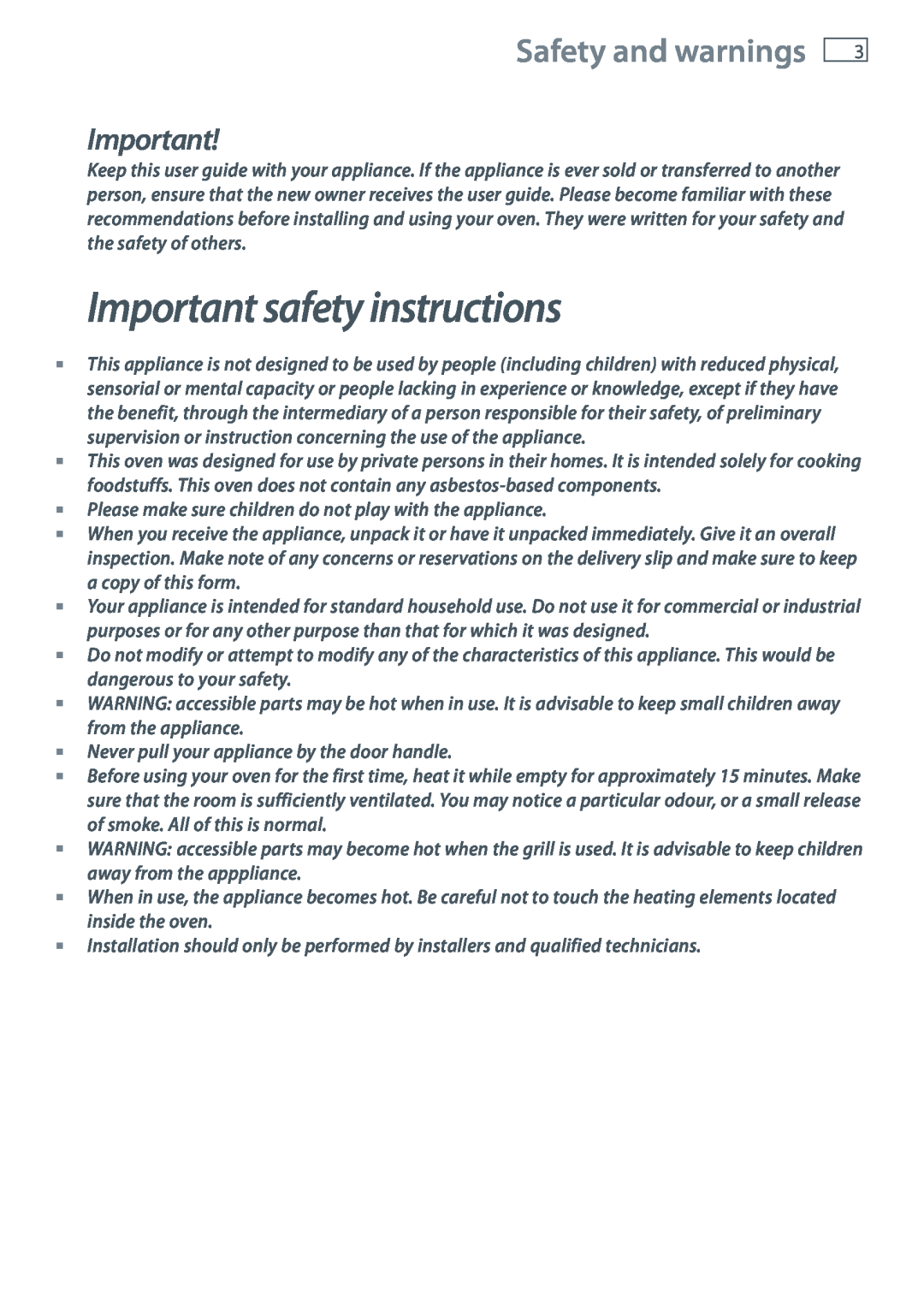 Fisher & Paykel OB60N8DTX installation instructions Important safety instructions, Safety and warnings 