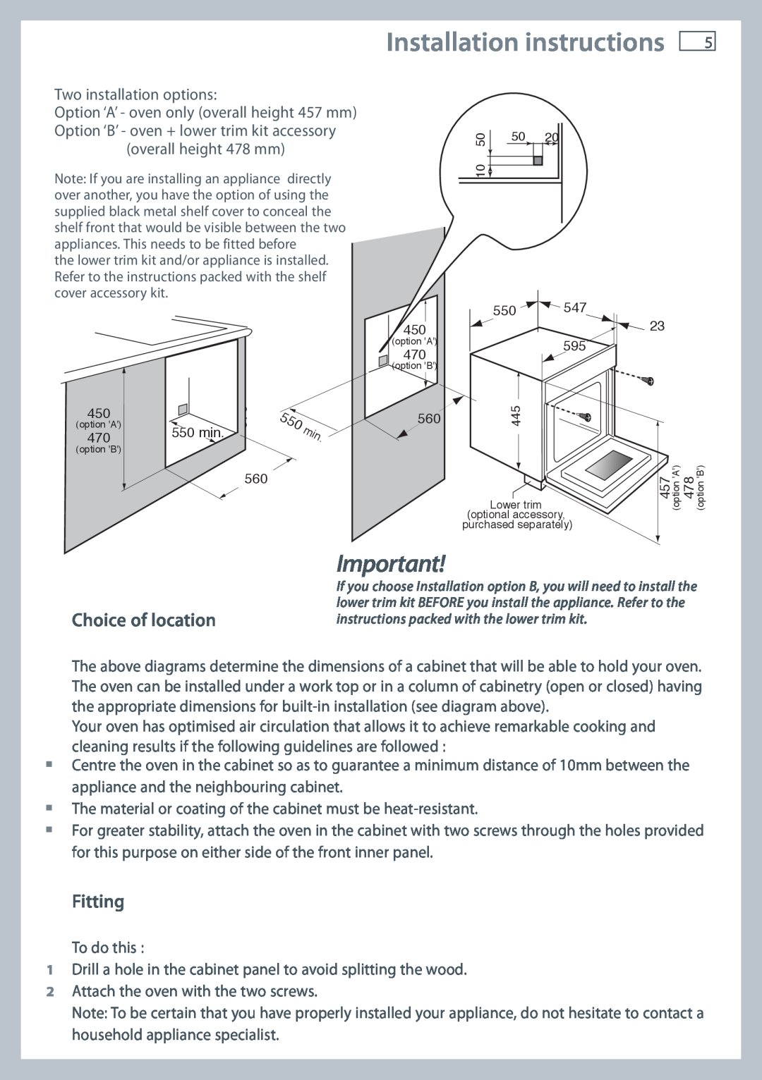 Fisher & Paykel OB60N8DTX installation instructions Installation instructions, Choice of location, Fitting 