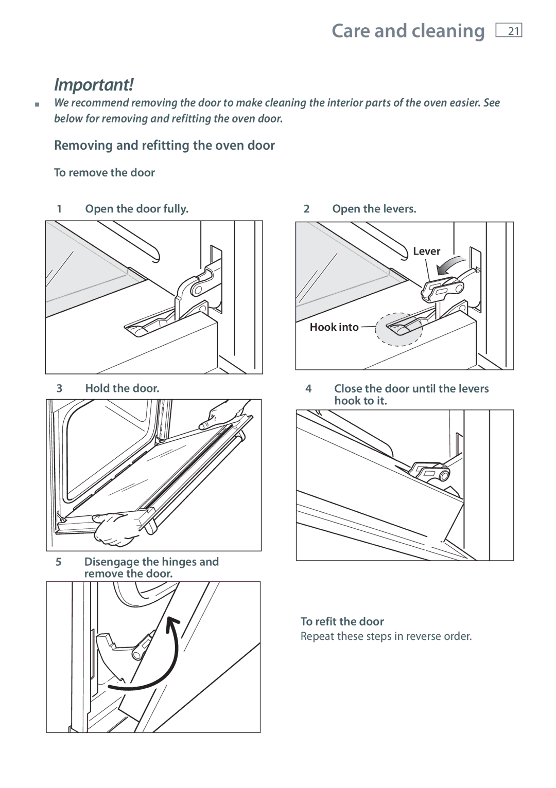 Fisher & Paykel OB60S manual Removing and refitting the oven door 