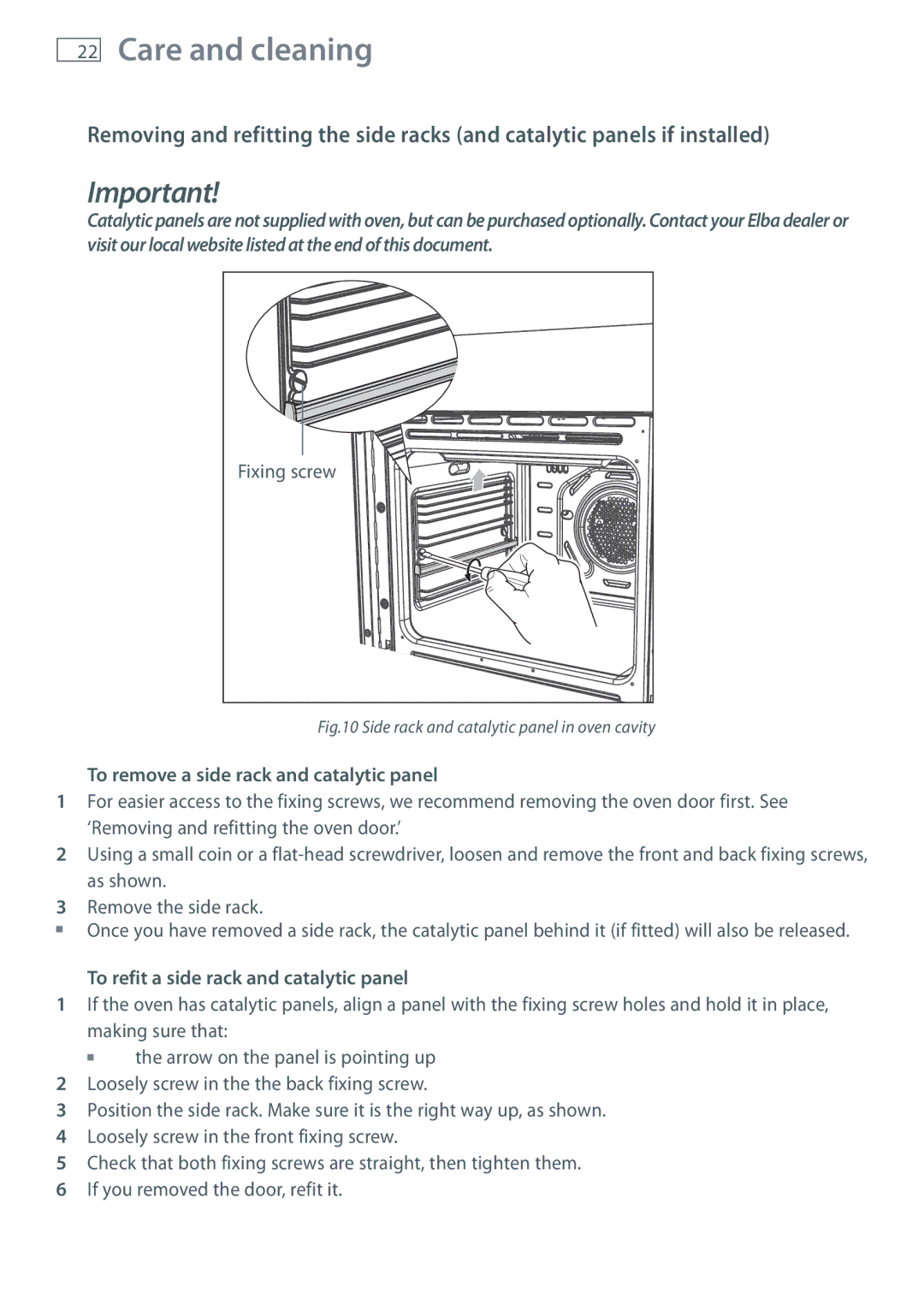 Fisher & Paykel OB60S manual To remove a side rack and catalytic panel, To refit a side rack and catalytic panel 