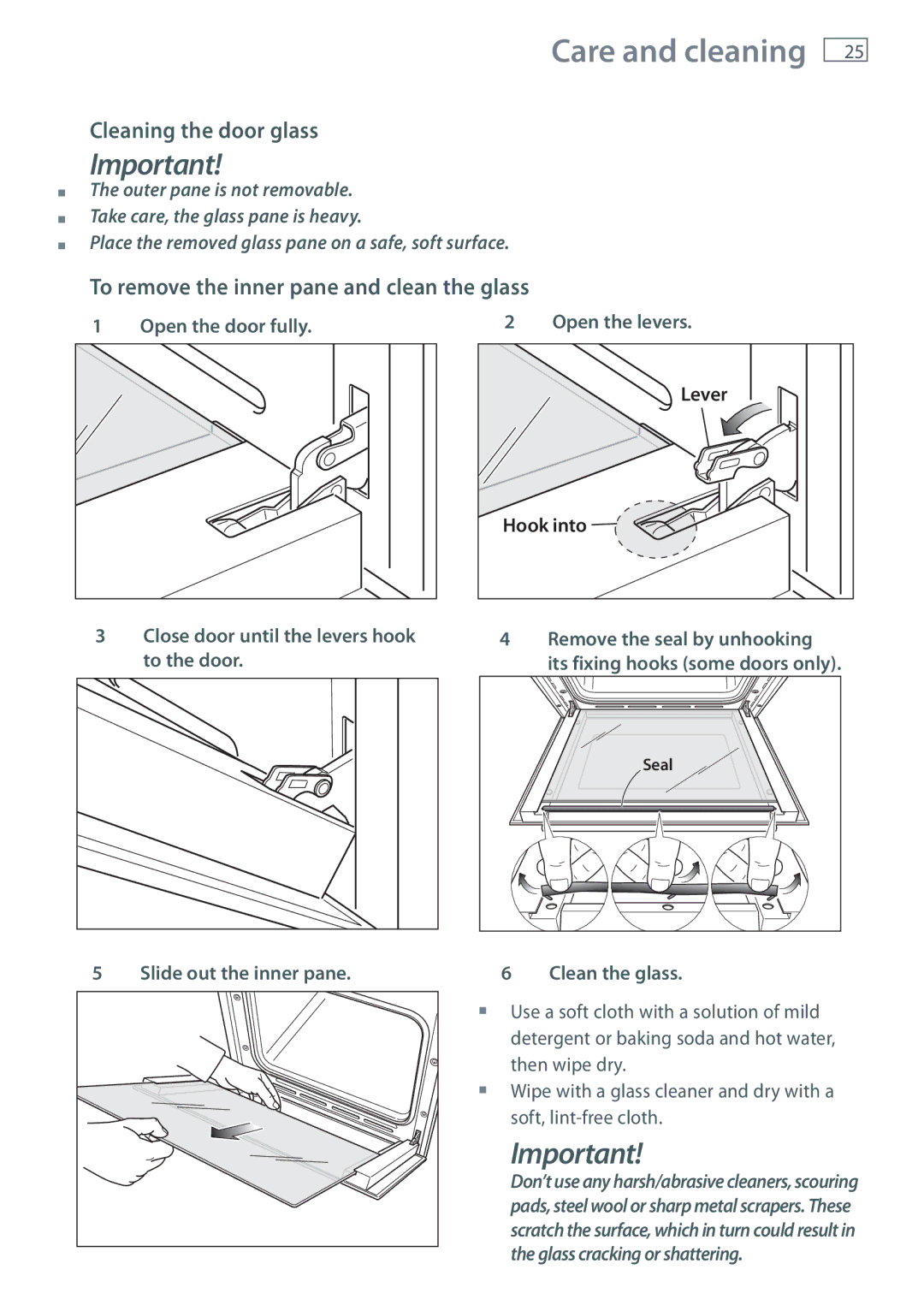 Fisher & Paykel OB60S manual Cleaning the door glass, To remove the inner pane and clean the glass 