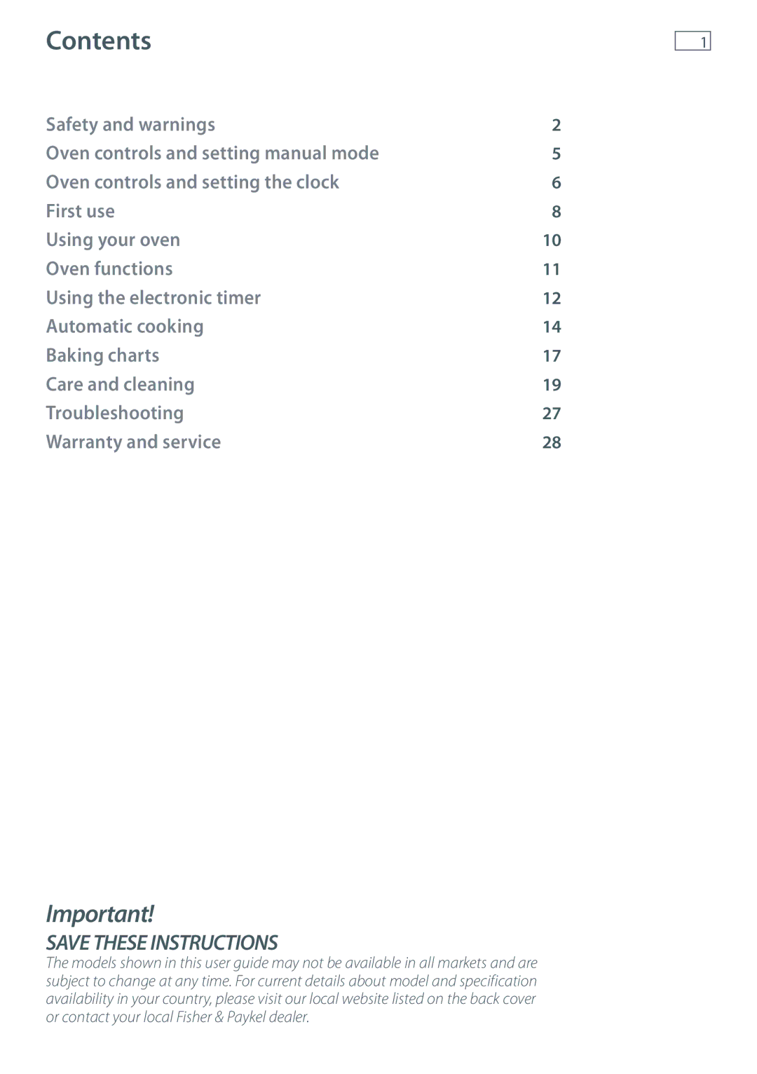 Fisher & Paykel OB60S manual Contents 