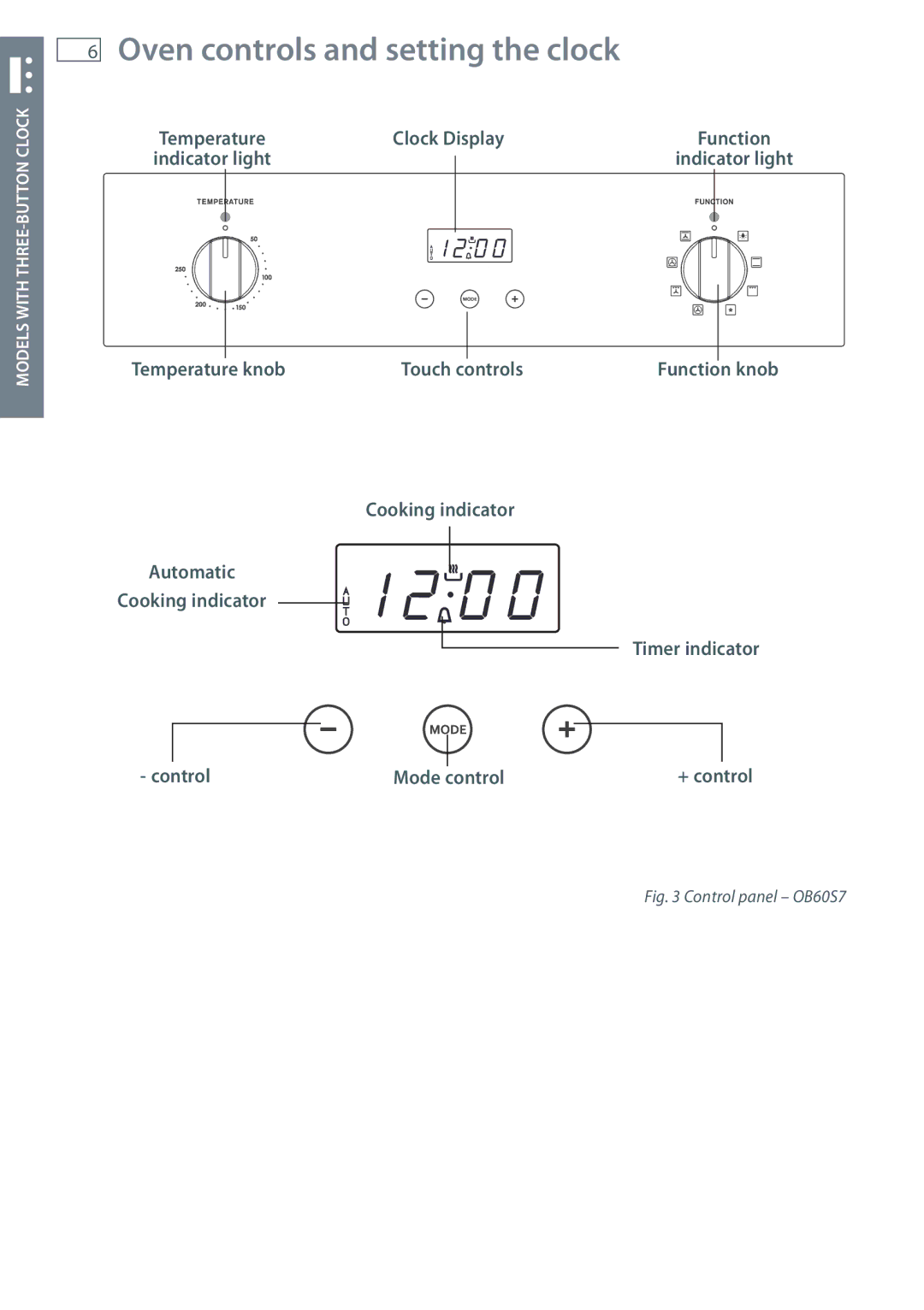 Fisher & Paykel OB60S manual Oven controls and setting the clock, Clock Display, Temperature knob Touch controls 