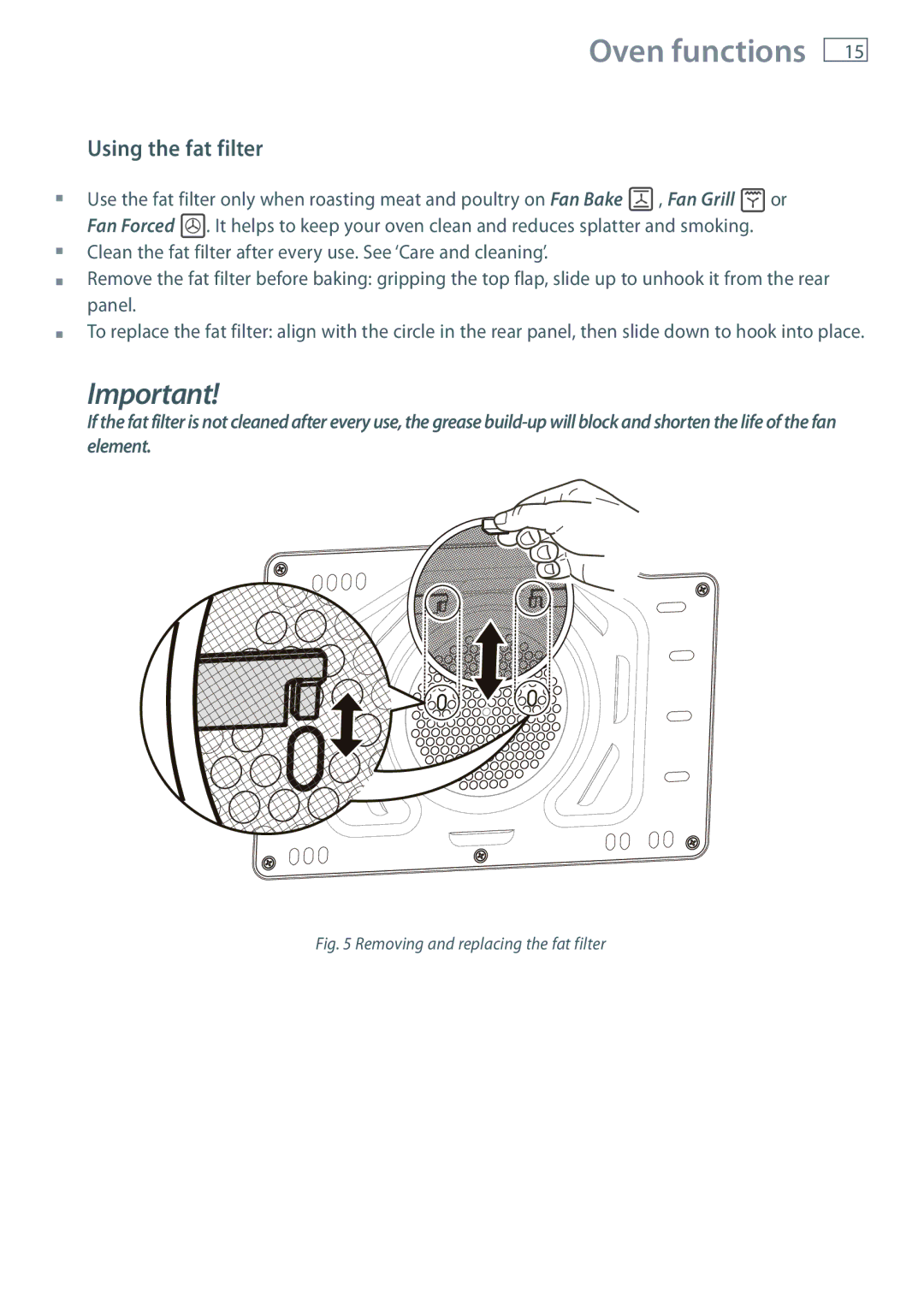 Fisher & Paykel OB60S9DE installation instructions Using the fat filter, Removing and replacing the fat filter 