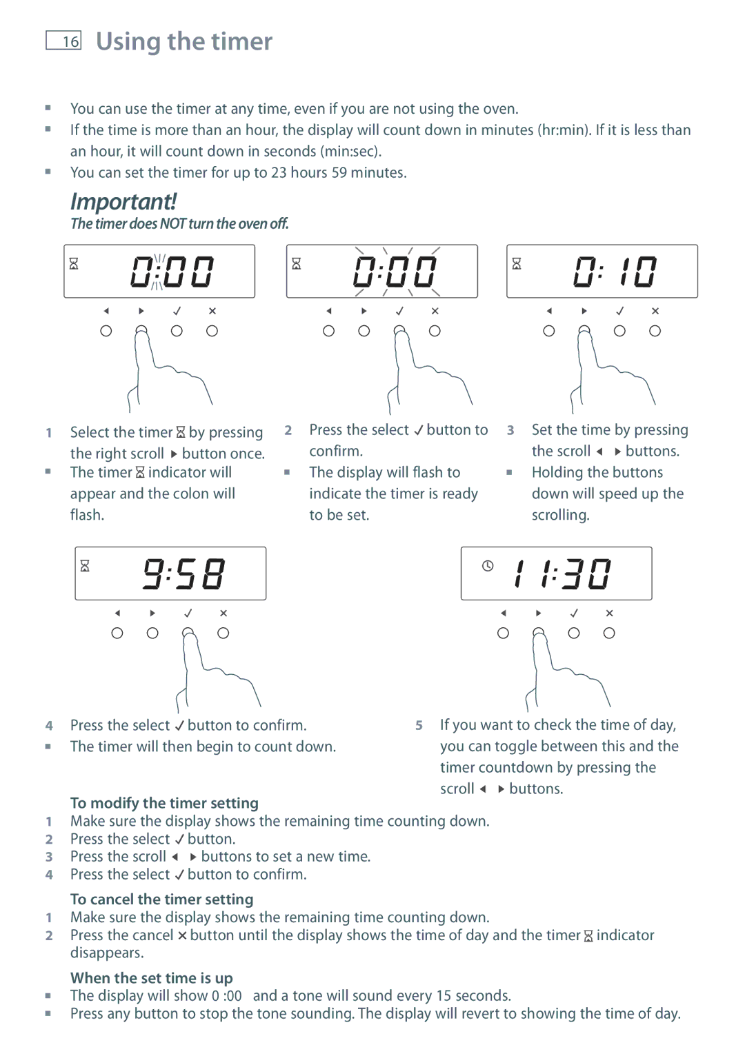 Fisher & Paykel OB60S9DE Using the timer, To modify the timer setting, To cancel the timer setting 