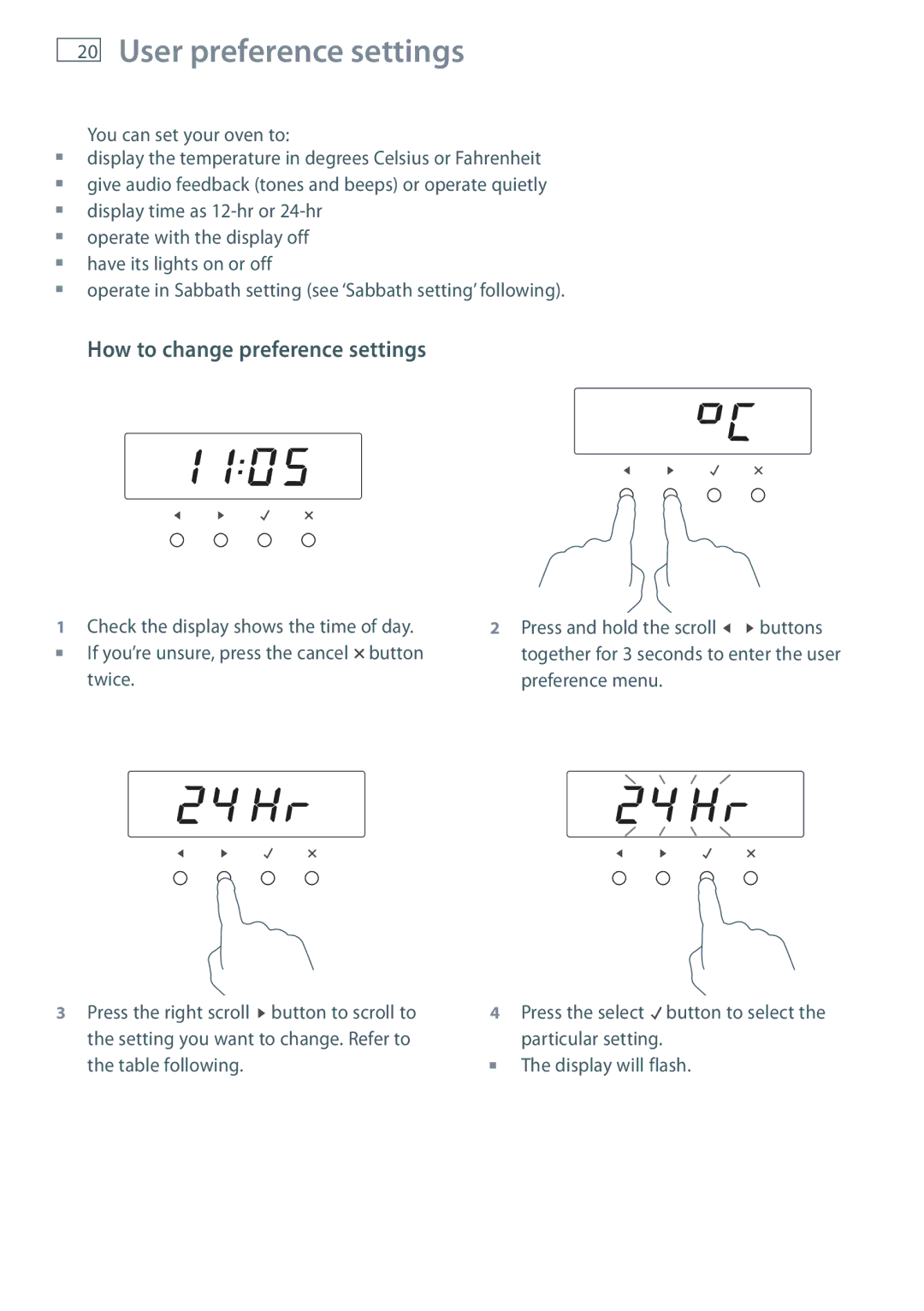 Fisher & Paykel OB60S9DE installation instructions User preference settings, How to change preference settings 