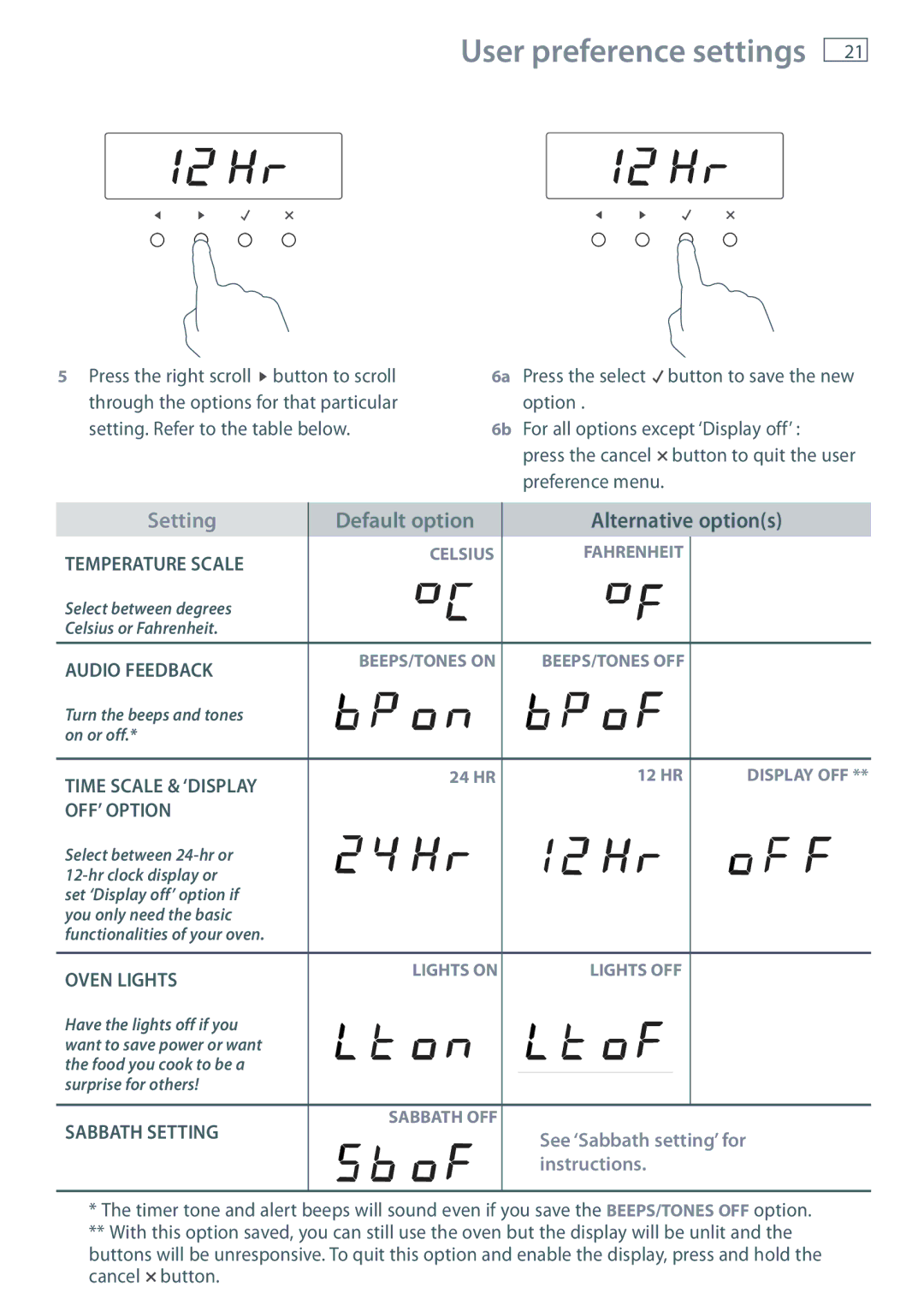 Fisher & Paykel OB60S9DE installation instructions User preference settings 