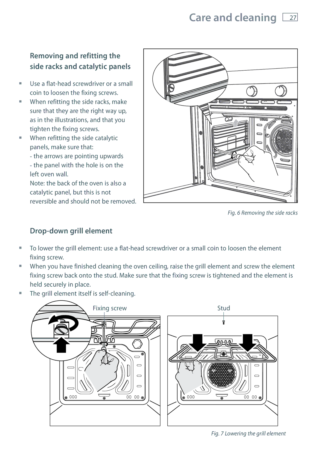 Fisher & Paykel OB60S9DE Drop-down grill element, Removing and refitting the side racks and catalytic panels 