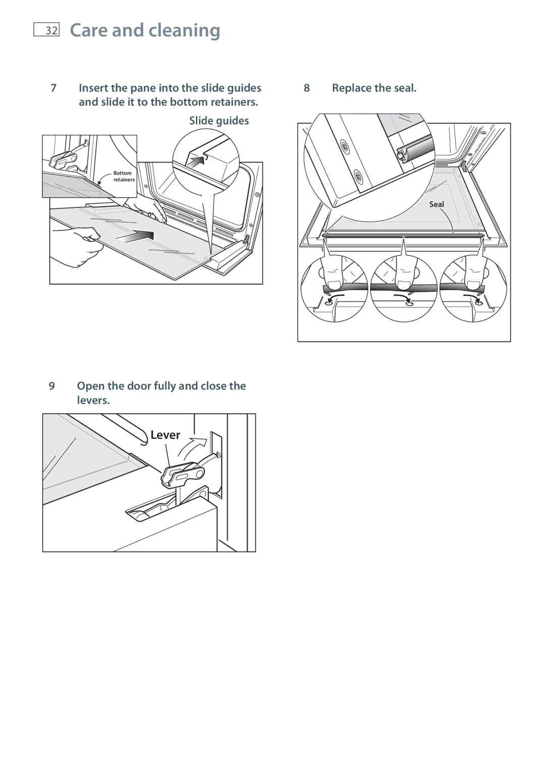 Fisher & Paykel OB60S9DE installation instructions Slide guides, Open the door fully and close the levers, Replace the seal 