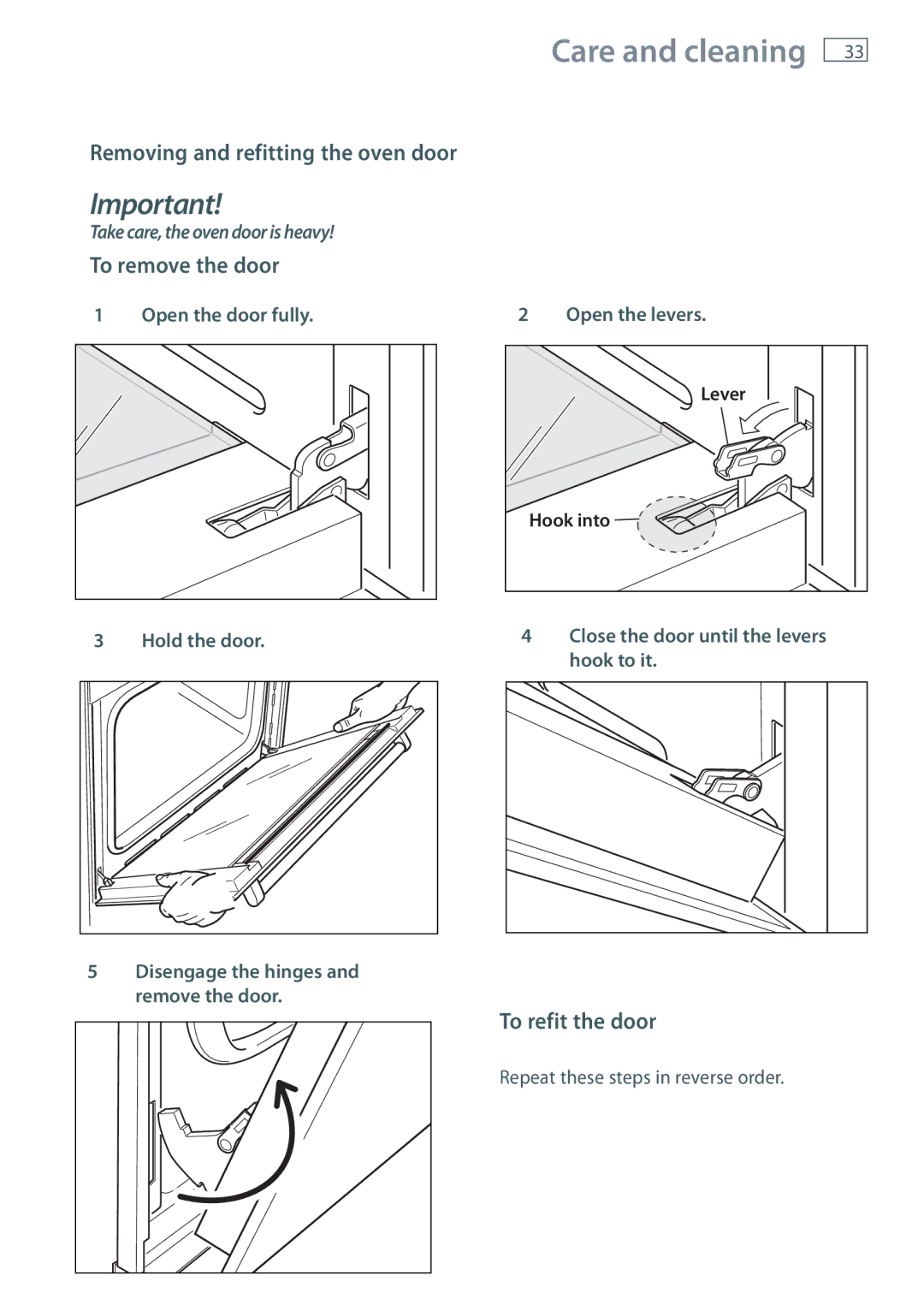 Fisher & Paykel OB60S9DE installation instructions To remove the door, To refit the door, Open the levers 