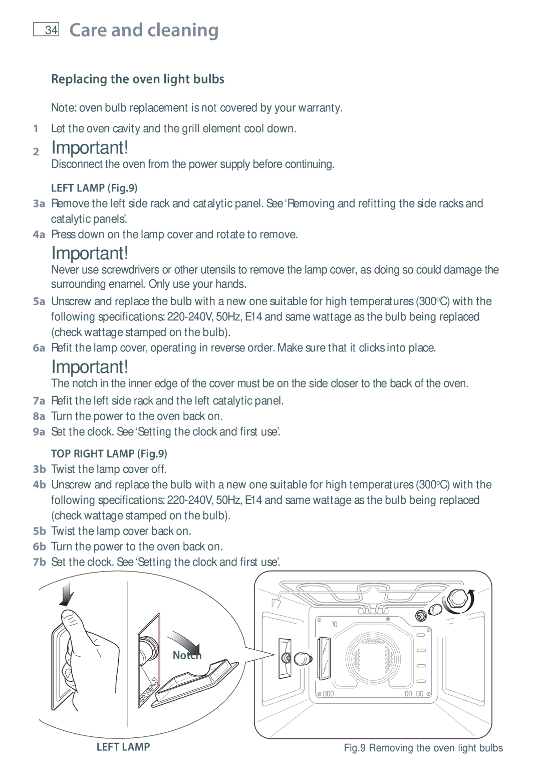 Fisher & Paykel OB60S9DE installation instructions Replacing the oven light bulbs, Left Lamp, TOP Right Lamp, Notch 