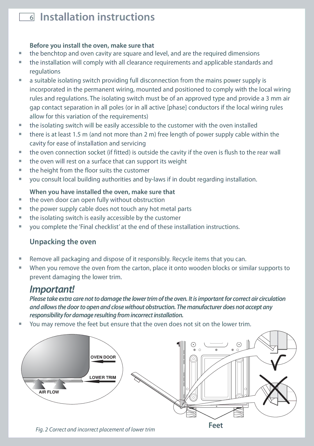 Fisher & Paykel OB60S9DE Installation instructions, Unpacking the oven, Feet, Before you install the oven, make sure that 