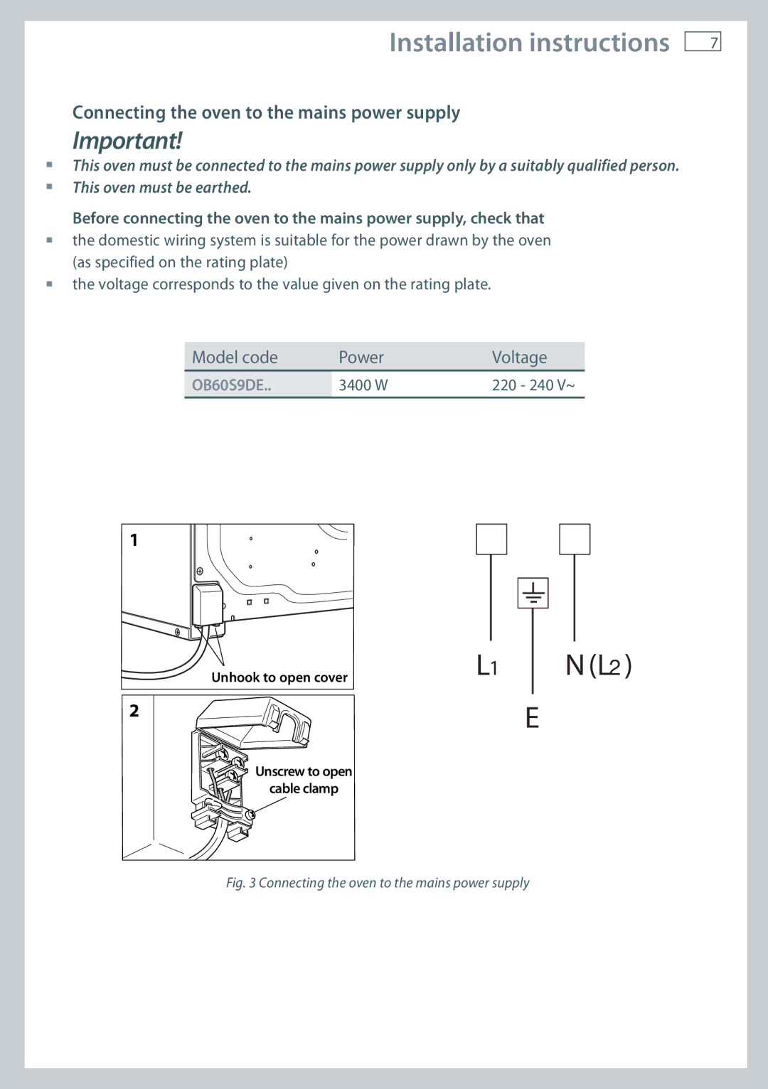 Fisher & Paykel OB60S9DE installation instructions Connecting the oven to the mains power supply 