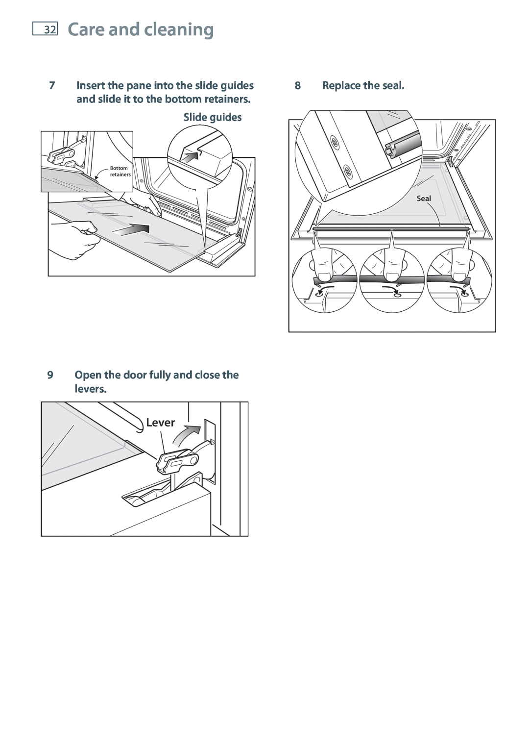 Fisher & Paykel OB60S9DE installation instructions 32Care and cleaning, Lever, Seal, Bottom, retainers 
