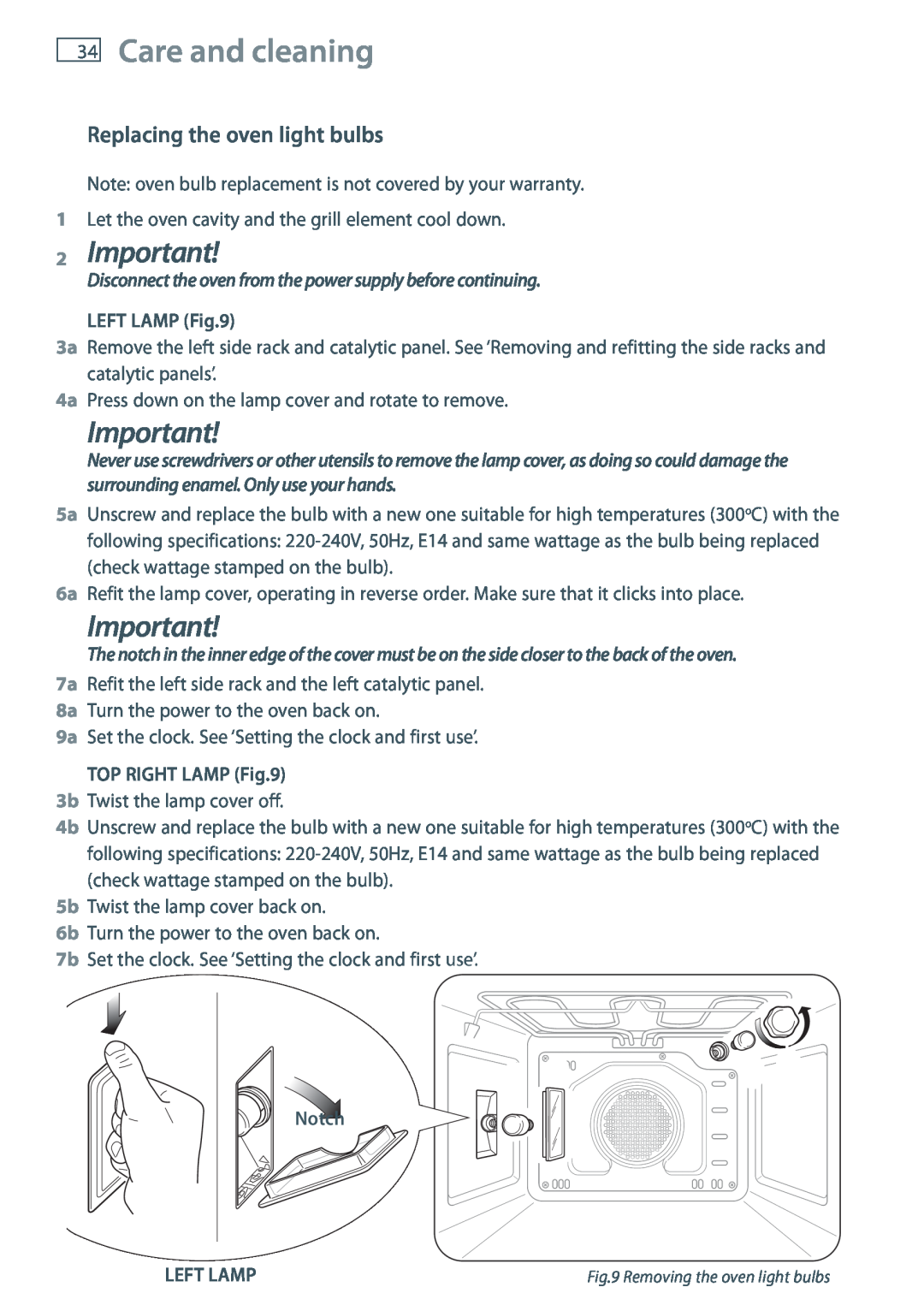 Fisher & Paykel OB60S9DE installation instructions Care and cleaning, 2Important, Replacing the oven light bulbs, Left Lamp 