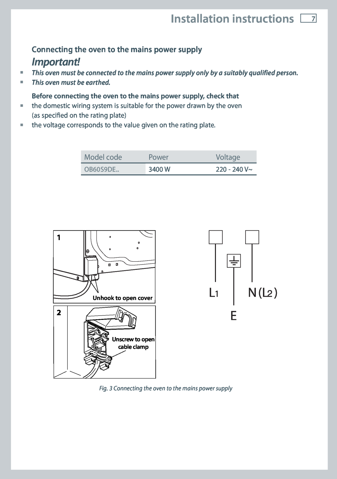 Fisher & Paykel OB60S9DE Installation instructions, N L2, Connecting the oven to the mains power supply, Model code, Power 