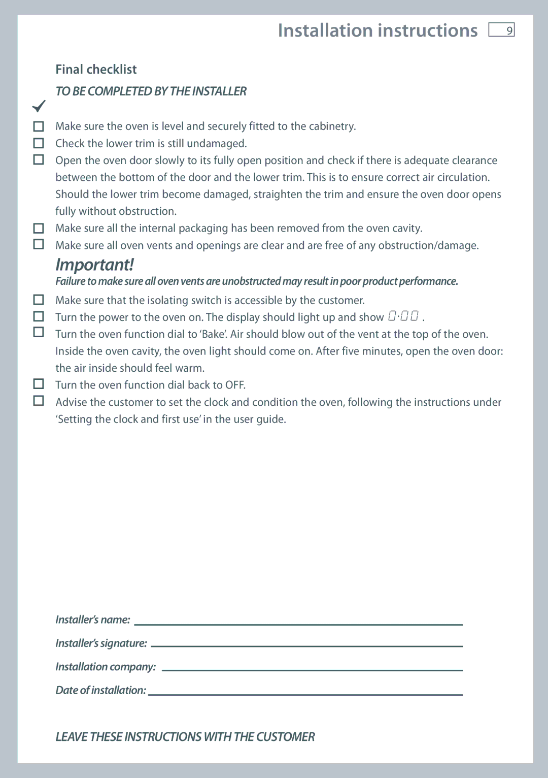 Fisher & Paykel OB60S9DECP, OB60S9DEP installation instructions Final checklist, To be Completed by the Installer 